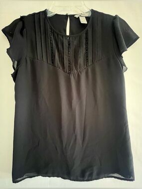 H&M Black Lace Inset Pleated Flutter Sleeve Blouse Size 8